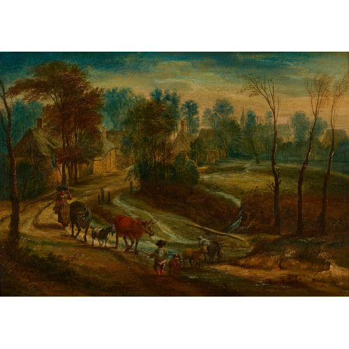 JAN II BRUEGHEL : Landweg mit Hirtin, Kind und Vieh (DOBIASCHOFSKY AUKTIONEN AG)