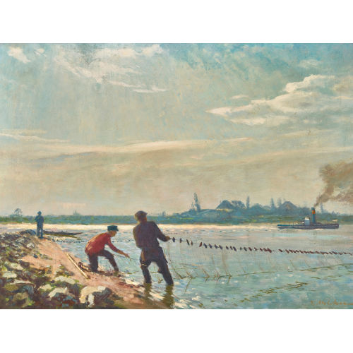 GUSTAV MELCHER : Rheinufer mit Fischern beim Netzziehen (DOBIASCHOFSKY AUKTIONEN AG)
