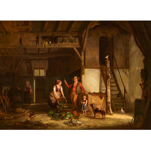 JEAN LOUIS VAN KUYCK : Stallinterieur mit Bauerpaar und Kind (DOBIASCHOFSKY AUKTIONEN AG)