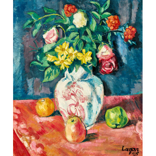 CELSO LAGAR-ARROYO : Stillleben mit Blumen in Vase und Obst (DOBIASCHOFSKY AUKTIONEN AG)