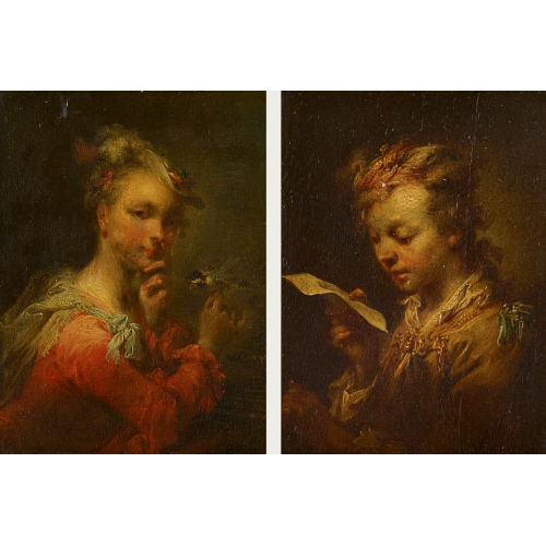 JOHANN CONRAD SEEKATZ : Knabe mit Lekt�re. / Junge Dame mit Singvogel. Gegenst�cke (DOBIASCHOFSKY AUKTIONEN AG)