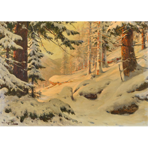 WALTER MORAS : Verschneite Waldlandschaft im Abendrot (DOBIASCHOFSKY AUKTIONEN AG)