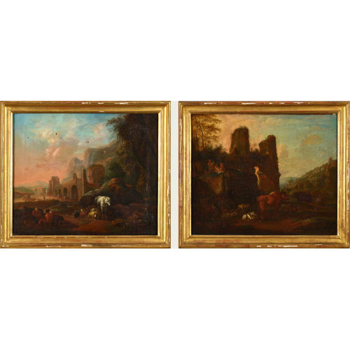JOHANN HEINRICH ROOS : R�mische Landschaft mit Ruinen und Vieh. / Milvische Br�cke in Rom. Gegenst�cke (DOBIASCHOFSKY AUKTIONEN AG)