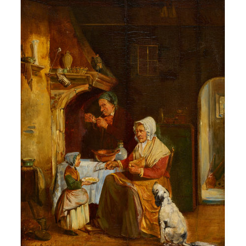FERDINAND I DE BRAEKELEER : K�cheninterieur mit �lterem Paar, Kind und Hund (DOBIASCHOFSKY AUKTIONEN AG)