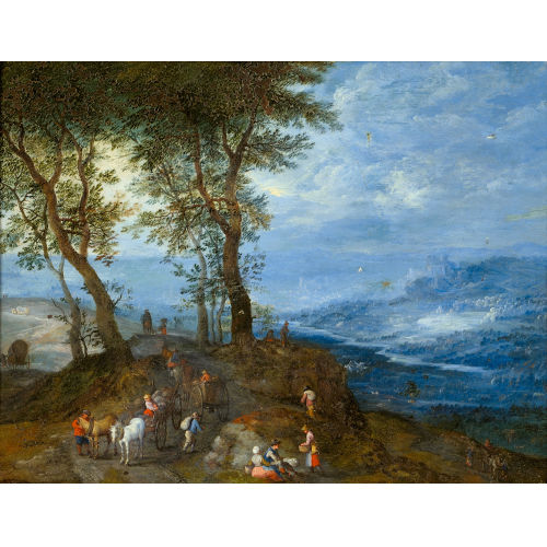 JAN II BRUEGHEL : Weite Landschaft mit Pferdegespannen und Bauern (DOBIASCHOFSKY AUKTIONEN AG)