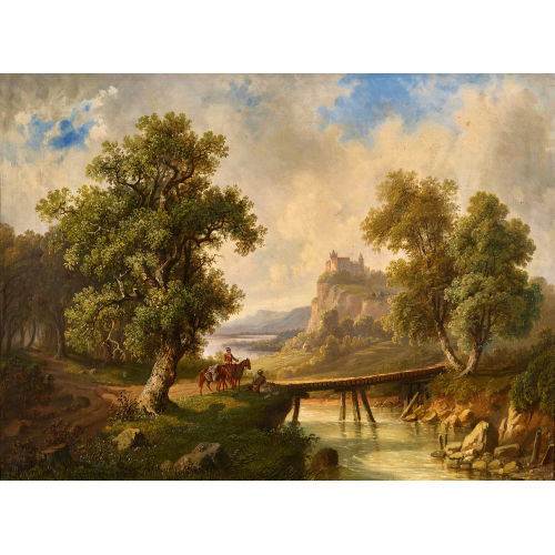 19. JH. DEUTSCHLAND : Landschaft mit Burg und rastenden S�umern bei einem Steg (DOBIASCHOFSKY AUKTIONEN AG)