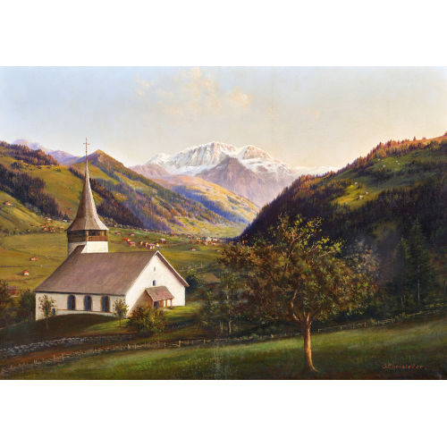 JAKOB CHRISTELER-MATTI : St. Stephan im oberen Simmental mit Kirche und Wildstrubel (DOBIASCHOFSKY AUKTIONEN AG)