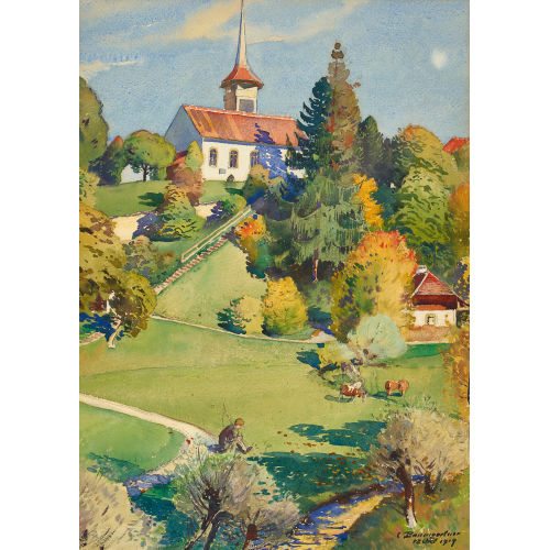 CHRISTIAN BAUMGARTNER : Sommerliche Landschaft mit Kirche (DOBIASCHOFSKY AUKTIONEN AG)