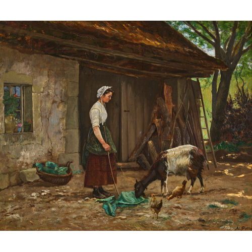 ADOLPHE POTTER : B�uerin mit Ziege und H�hnern (DOBIASCHOFSKY AUKTIONEN AG)
