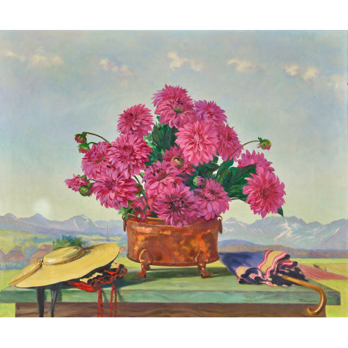 KARL ANNELER : Komposition mit Dahlien, Schwefelhut und Regenschirm (DOBIASCHOFSKY AUKTIONEN AG)