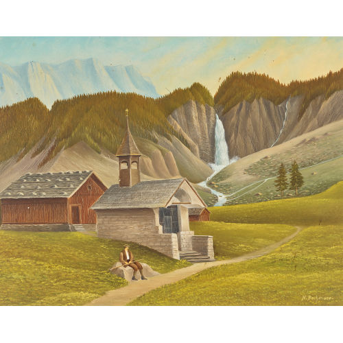HANS BACHMANN : Berglandschaft mit Kapelle und Wasserfall (DOBIASCHOFSKY AUKTIONEN AG)