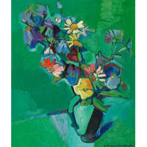 ALBERT NEUENSCHWANDER : Blumen in Vase auf gr�nem Grund (DOBIASCHOFSKY AUKTIONEN AG)