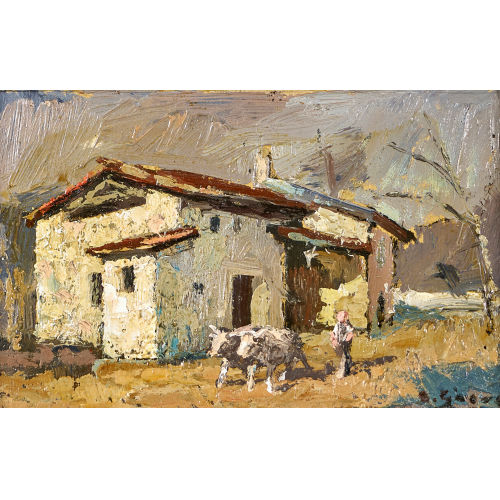 ANGELO GIORGETTI : Haus im Tessin mit Bauer und Ochsenpaar (DOBIASCHOFSKY AUKTIONEN AG)