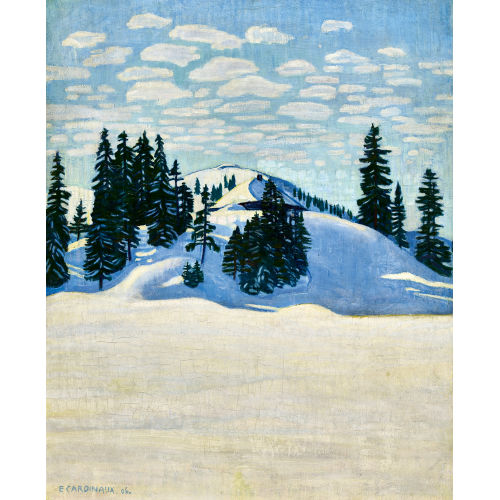EMIL CARDINAUX : Sonnige Winterlandschaft mit Tannen und H�tte (DOBIASCHOFSKY AUKTIONEN AG)