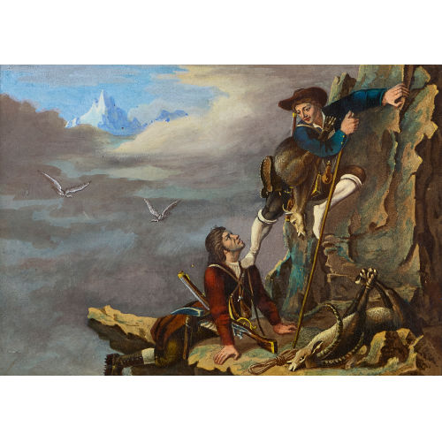 JOHANN PETER LAMY : 'Position dangereuse pr�s du Finsteraarhorn de Jean Fellmann et Gabriel Schilt, fameux chasseurs de bouquetins et chamois le 14 Octobre 1822' (DOBIASCHOFSKY AUKTIONEN AG)