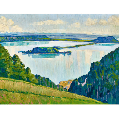 ERNST SAMUEL GEIGER : Blick auf den Bielersee mit St. Petersinsel (DOBIASCHOFSKY AUKTIONEN AG)