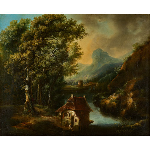 18. JH. DEUTSCHLAND : Bergige Flusslandschaft mit Haus am Ufer (DOBIASCHOFSKY AUKTIONEN AG)