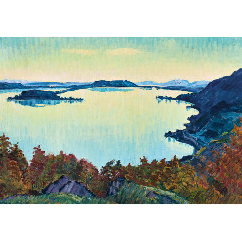 ERNST SAMUEL GEIGER : Der Bielersee mit der St. Petersinsel in der Abendd�mmerung (DOBIASCHOFSKY AUKTIONEN AG)