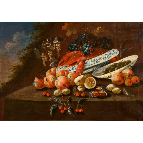 18. JH. HOLLAND : Stillleben mit Fr�chten, Hummer und Porzellan (DOBIASCHOFSKY AUKTIONEN AG)