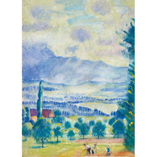 EMIL CARDINAUX : Sommerlandschaft mit Bauern bei der Feldarbeit (DOBIASCHOFSKY AUKTIONEN AG)
