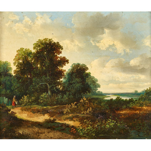 HERMANUS JAN HENDRIK RIJKELIJKHUIZEN : Baumbestandene Flusslandschaft mit Figurenstaffage (DOBIASCHOFSKY AUKTIONEN AG)