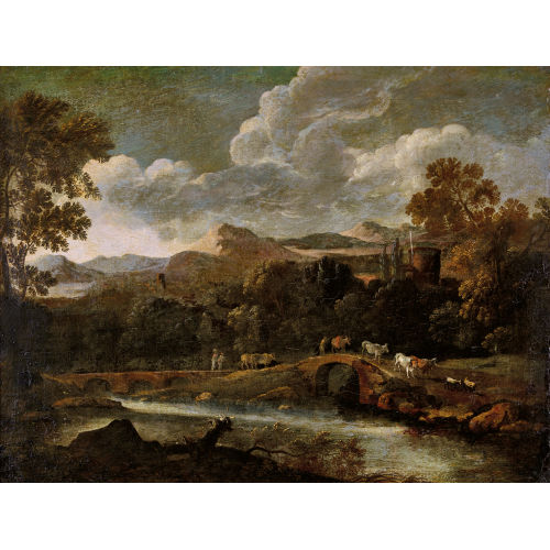 18. JH. ITALIEN : Idyllische Landschaft mit Flussbr�cken und Viehherde (DOBIASCHOFSKY AUKTIONEN AG)