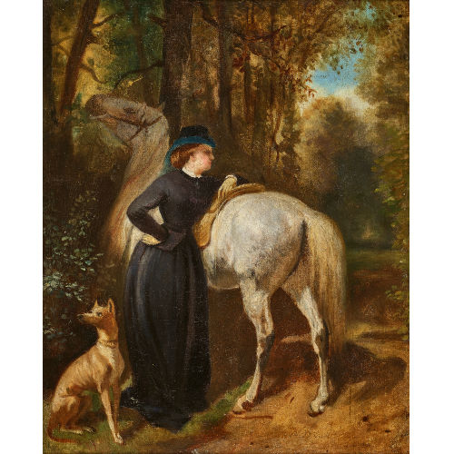 ALFRED (AUCH DE DREUX DEDREUX : Dame mit Pferd und Jagdhund auf einem Waldweg (DOBIASCHOFSKY AUKTIONEN AG)