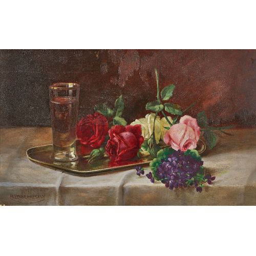 ALOIS ZABEHLICKY : Stillleben mit Rosen, Veilchen und Glas (DOBIASCHOFSKY AUKTIONEN AG)