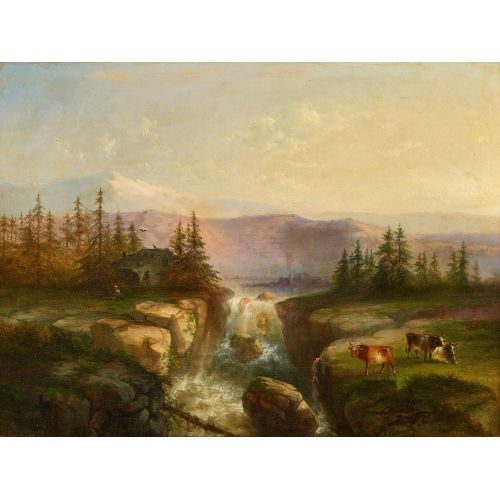 ALEXANDRE CALAME : Landschaft mit Wasserfall und weidenden K�hen (DOBIASCHOFSKY AUKTIONEN AG)