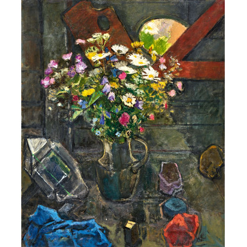 VICTOR SURBEK : Stillleben mit Malerpalette und Wiesenblumen im Krug (DOBIASCHOFSKY AUKTIONEN AG)