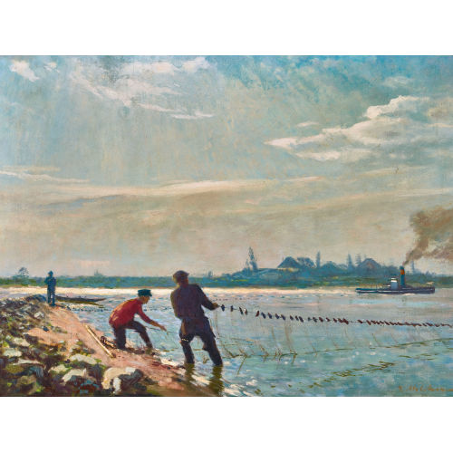 GUSTAV MELCHER : Rheinufer mit Fischern beim Netzziehen (DOBIASCHOFSKY AUKTIONEN AG)