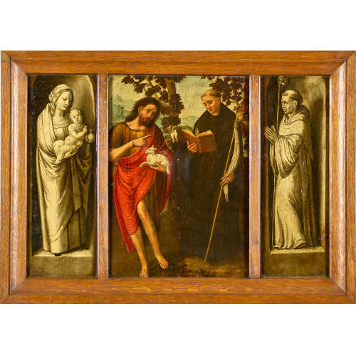 3. VIERTEL 16. JH. FL�MISCH : Johannes der T�ufer mit Lamm und M�nch mit Buch. Triptychon (DOBIASCHOFSKY AUKTIONEN AG)