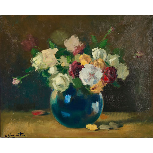 ANGELO GIORGETTI : Stillleben mit Rosen in blauer Glasvase (DOBIASCHOFSKY AUKTIONEN AG)