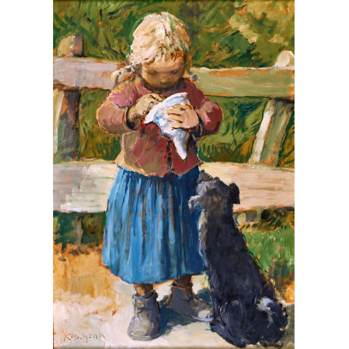 KARL SCHENK : M�dchen mit T�te und erwartungsvoll blickendem Hund (DOBIASCHOFSKY AUKTIONEN AG)