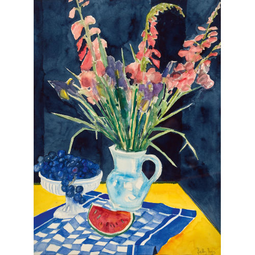 KATHY (EIGTL. THYS-BILL THYS : Tischstillleben mit Blumenstrauss, Trauben und Wassermelone (DOBIASCHOFSKY AUKTIONEN AG)