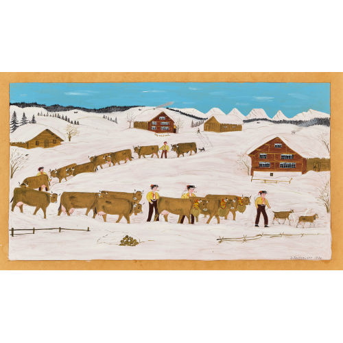 JAKOB TISCHHAUSER : Alpabzug in verschneiter Landschaft vor den Churfirsten (DOBIASCHOFSKY AUKTIONEN AG)