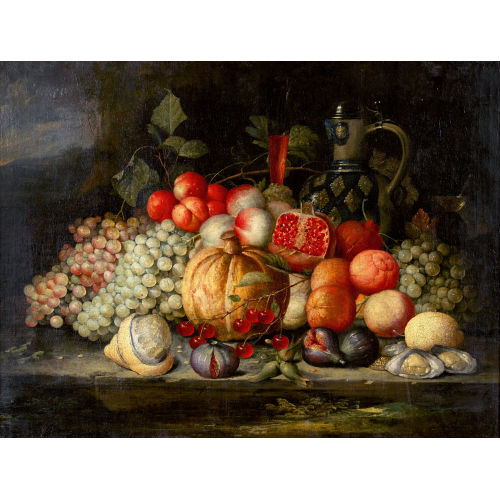 JAN PAUWEL GILLEMANS : Opulentes Fr�chtestillleben mit Steinzeugkrug und Trinkglas (DOBIASCHOFSKY AUKTIONEN AG)