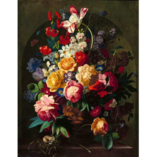JAN VAN (AUCH HUYSUM HUIJSUM : Blumenbouquet und Vogelnest in einer Nische (DOBIASCHOFSKY AUKTIONEN AG)
