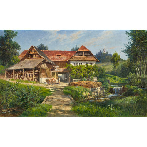 JOHANN ZAHND : Sommerliche Bauernhofszene bei Schwarzenburg (DOBIASCHOFSKY AUKTIONEN AG)