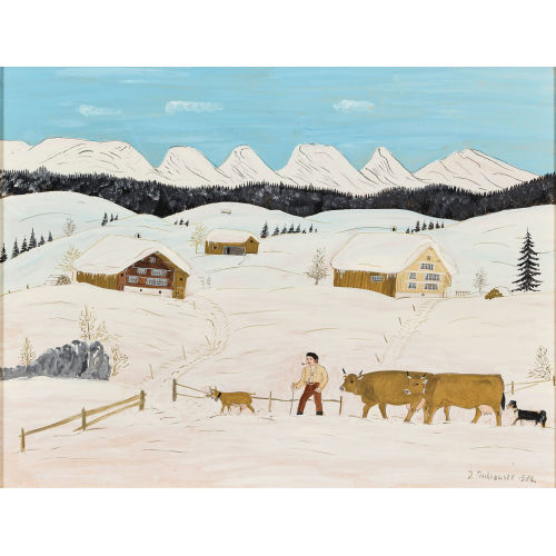 JAKOB TISCHHAUSER : Appenzeller Winterlandschaft mit Bauer und seiner Herde (DOBIASCHOFSKY AUKTIONEN AG)