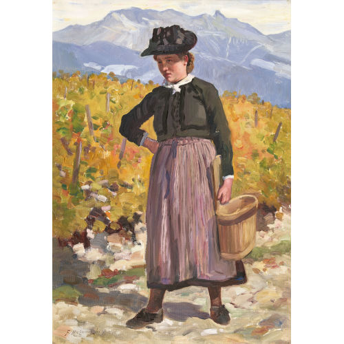 FRITZ-�DOUARD HUGUENIN-LASSAUGUETTE : Walliser B�uerin mit Melchterli im Weinberg (DOBIASCHOFSKY AUKTIONEN AG)