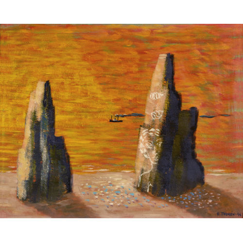 ESAIAS THEODOR THOR�N : Seest�ck mit Felsen und Dampfschiff (DOBIASCHOFSKY AUKTIONEN AG)
