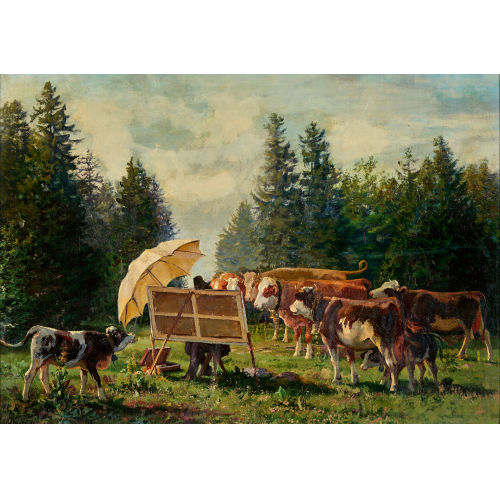 �DOUARD JEANMAIRE : Pleinair-Maler an der Staffelei mit Kuhherde (DOBIASCHOFSKY AUKTIONEN AG)