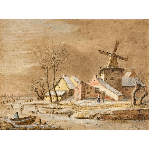 19. JH. NIEDERLANDE : Belebte winterliche Szene vor einer M�hle (DOBIASCHOFSKY AUKTIONEN AG)