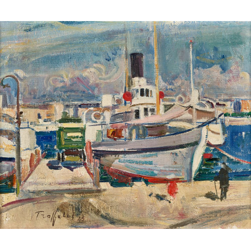 FRIEDRICH TRAFFELET : Hafenpartie mit Dampfschiff (DOBIASCHOFSKY AUKTIONEN AG)