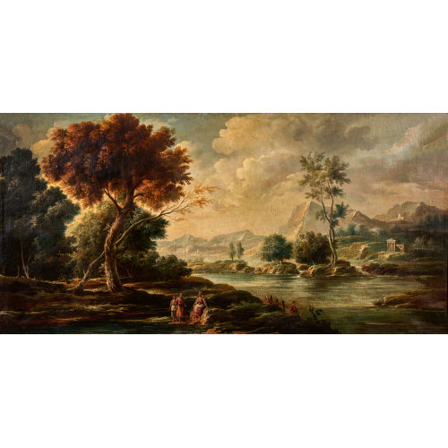 18./19. JH. ITALIEN : Weite Flusslandschaft mit antikem Tempel und Staffage (DOBIASCHOFSKY AUKTIONEN AG)