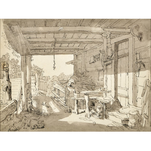 SIGMUND FREUDENBERGER : Waschplatz mit Brunnen und Holzzubern (DOBIASCHOFSKY AUKTIONEN AG)