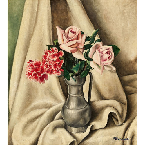 FRAN�OIS �MILE BARRAUD : Stillleben mit Rosen und Nelken in Zinnkanne (DOBIASCHOFSKY AUKTIONEN AG)