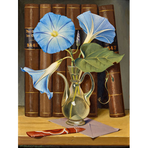 NIKLAUS STOECKLIN : Stillleben mit himmelblauen Prunkwinden und B�chern (DOBIASCHOFSKY AUKTIONEN AG)