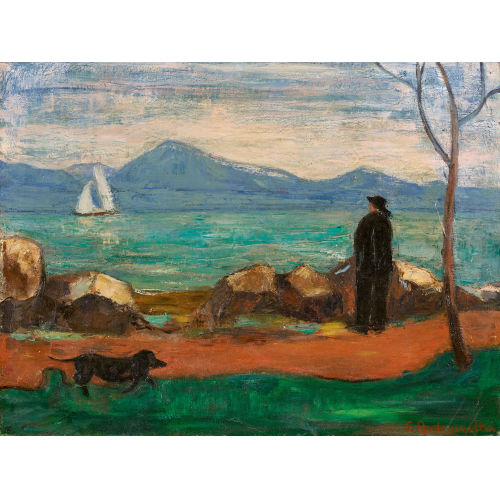 LEO ANDENMATTEN : Mann mit Hund am Genferseeufer (DOBIASCHOFSKY AUKTIONEN AG)